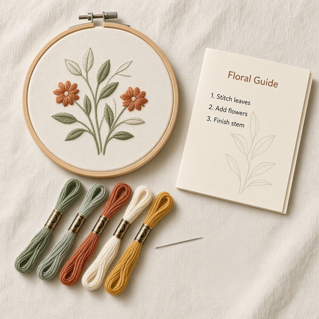 First Hoop kit contents laid flat: floral hoop, five thread skeins, needle and guide