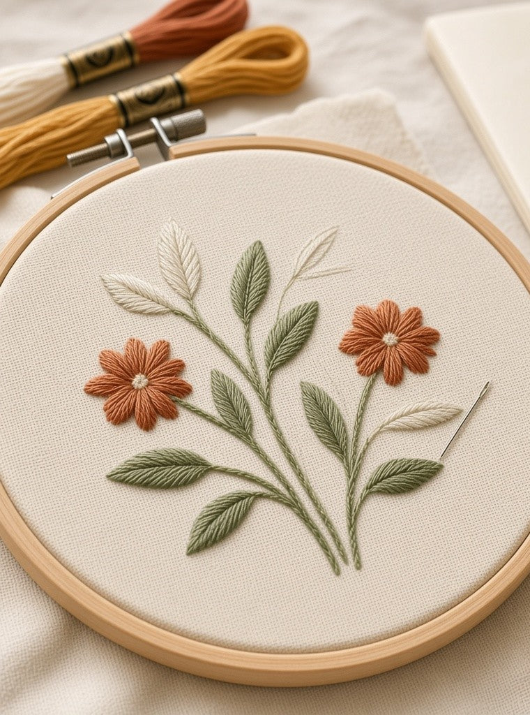 First Hoop floral design in the hoop, angled close-up
