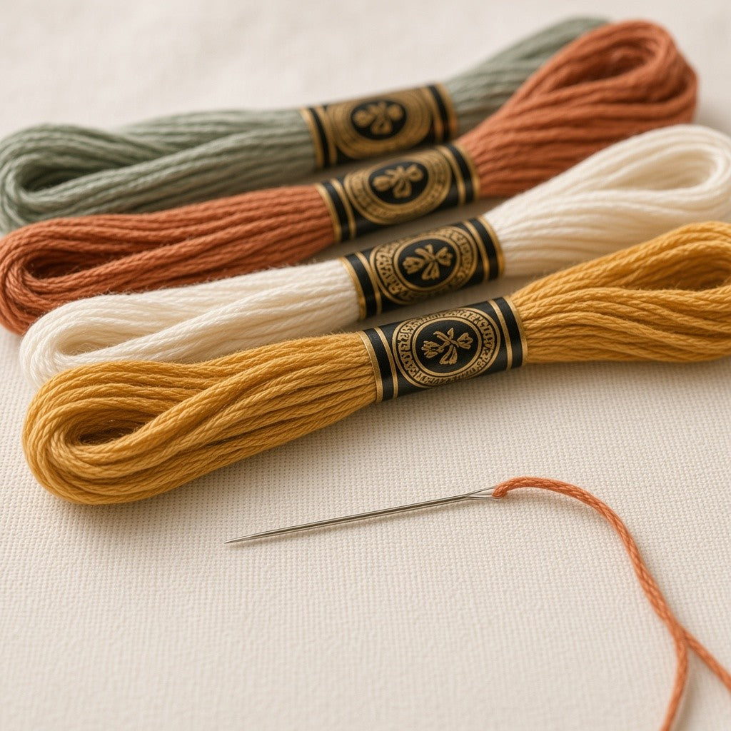 First Hoop thread skeins and threaded needle, detail