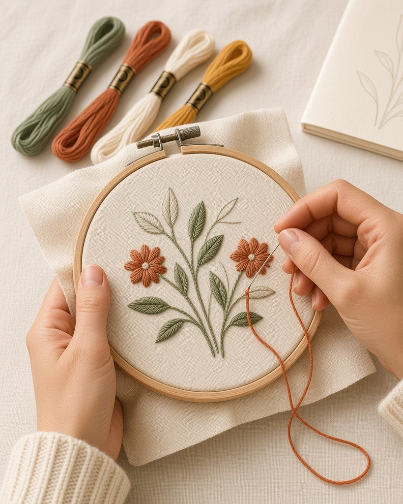 Hands stitching the First Hoop floral design
