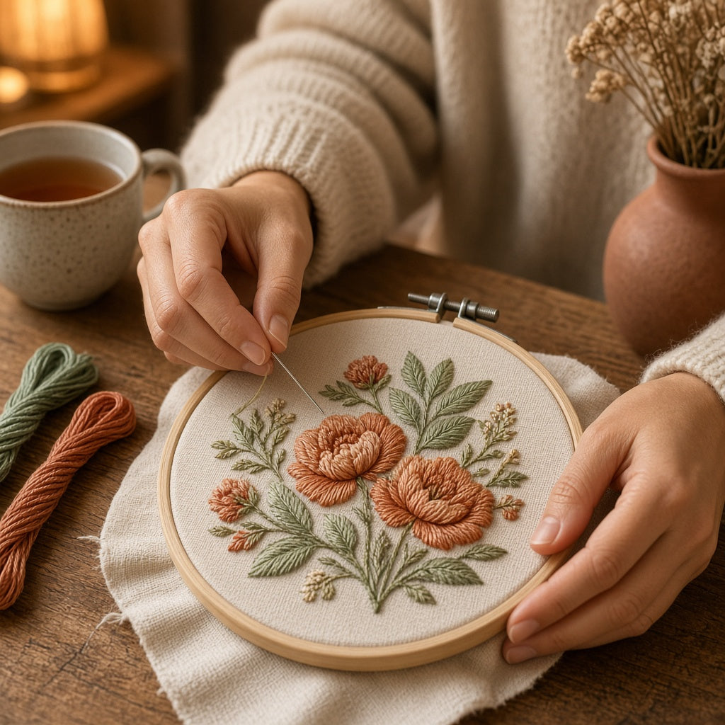 Hands stitching a floral embroidery hoop at a wooden table with tea