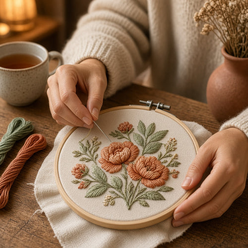 Hands stitching a floral embroidery hoop at a wooden table with tea