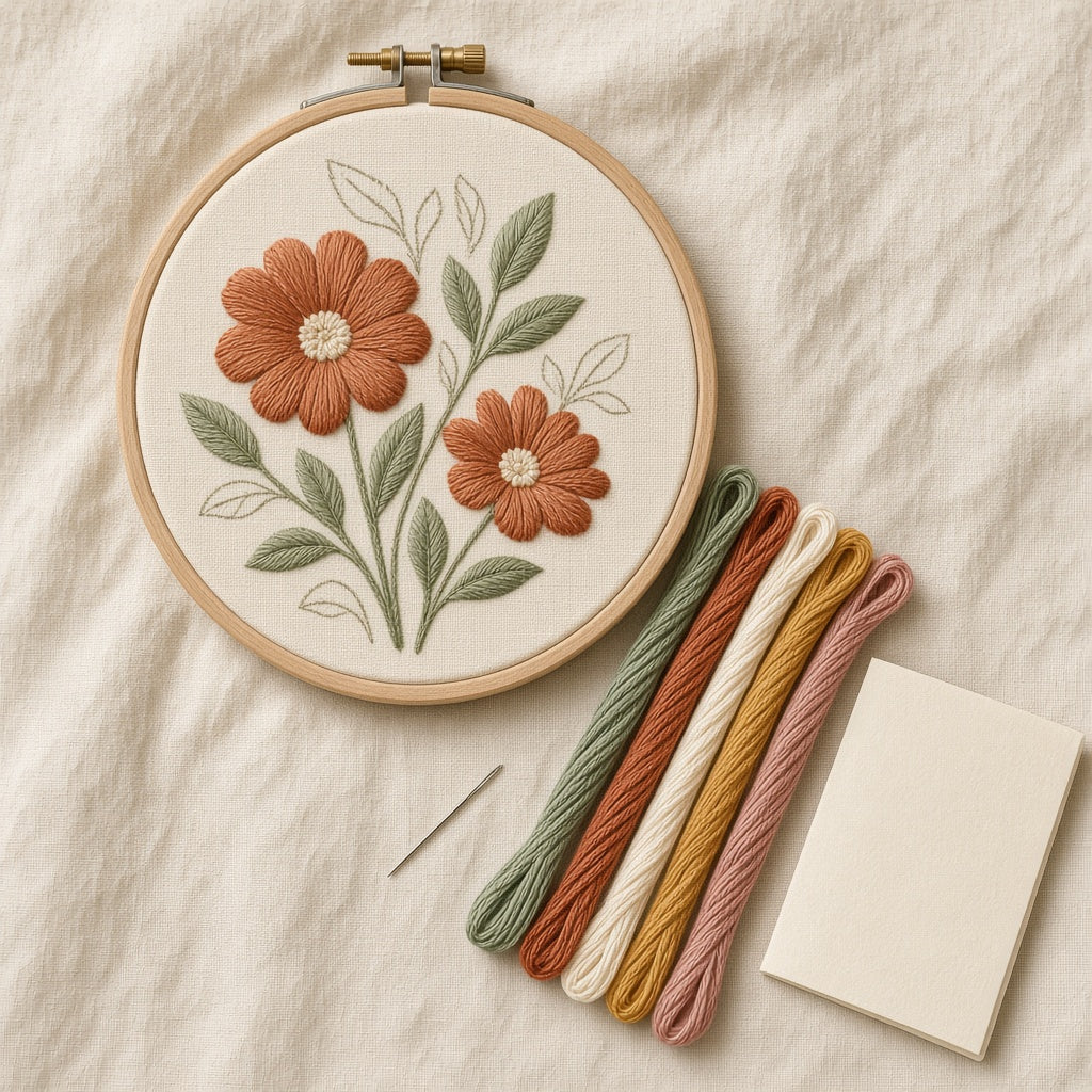 First Hoop kit laid flat: floral design in a wooden hoop, five thread colours, needle and guide card