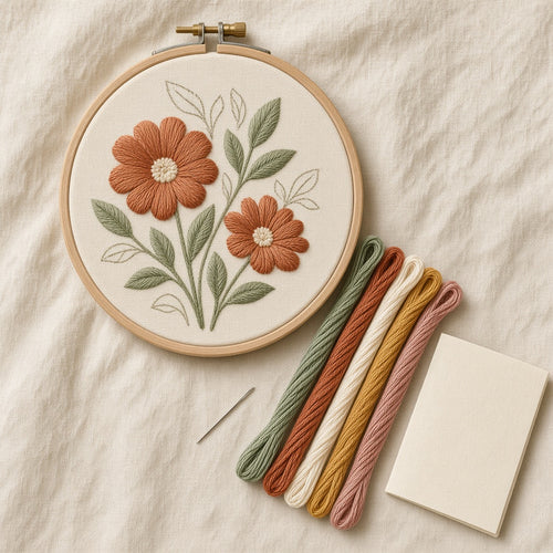 First Hoop kit laid flat: floral design in a wooden hoop, five thread colours, needle and guide card