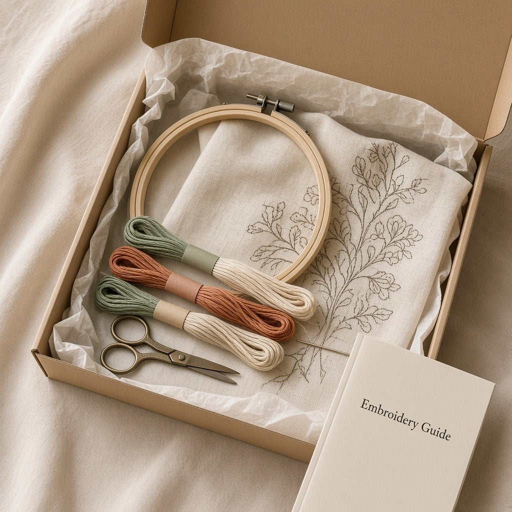Embroidery Gift Box open from above with hoop, fabric, thread and scissors