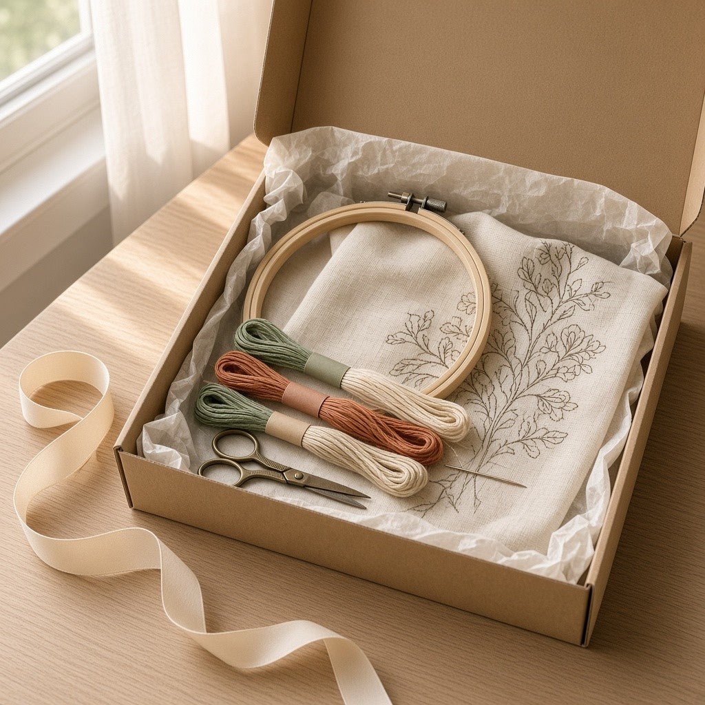 Embroidery Gift Box open at an angle with ribbon