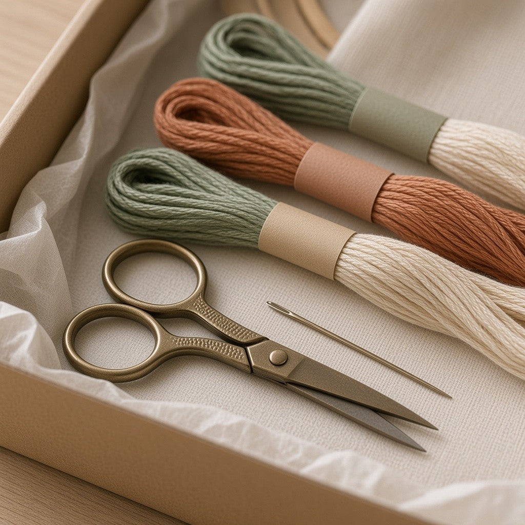Gift Box embroidery scissors, needle and extra thread, detail