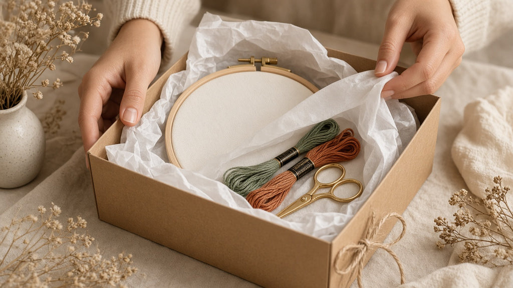 Embroidery gift box being opened on a cozy evening
