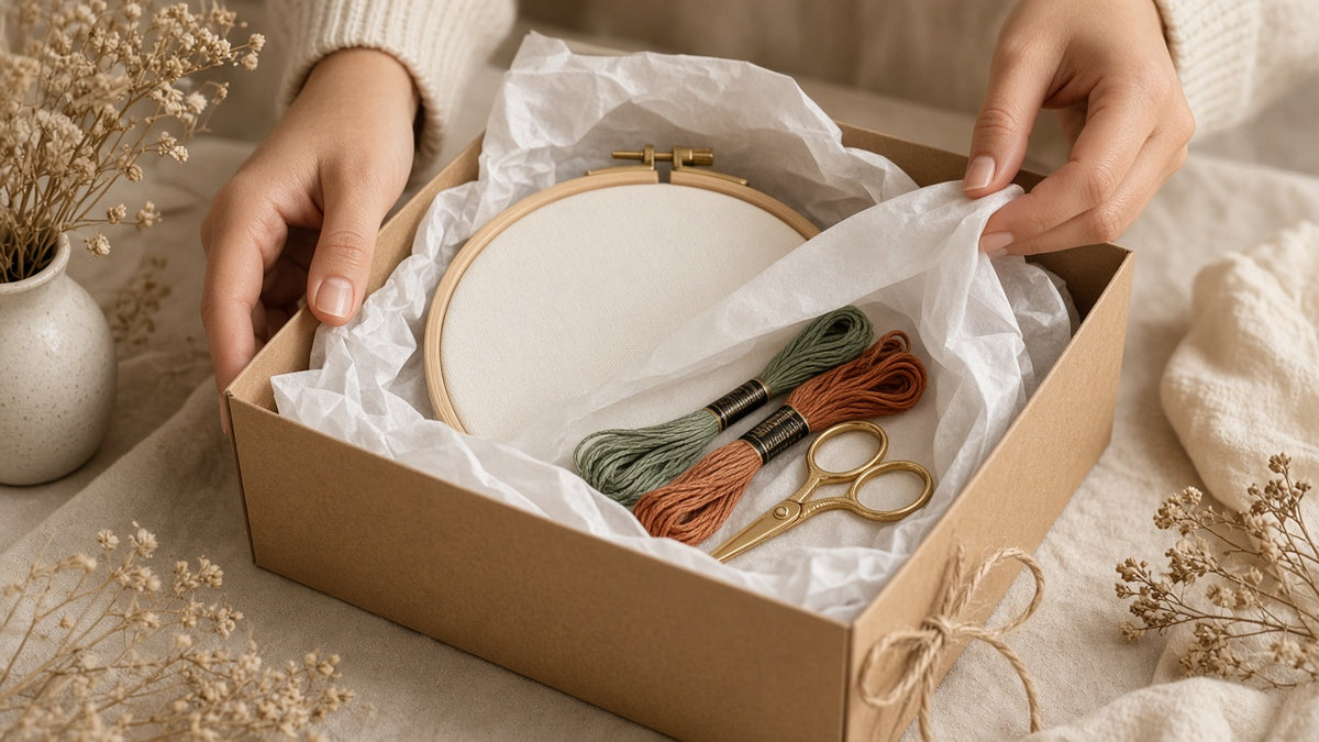 Embroidery gift box being opened on a cozy evening