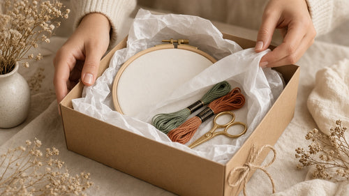 Embroidery gift box being opened on a cozy evening