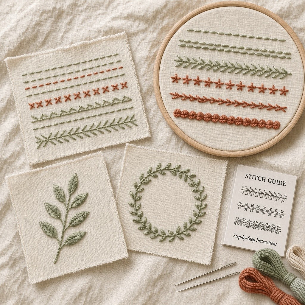 Learn 20 Stitches set flat lay with three patterns, sampler hoop and stitch guide