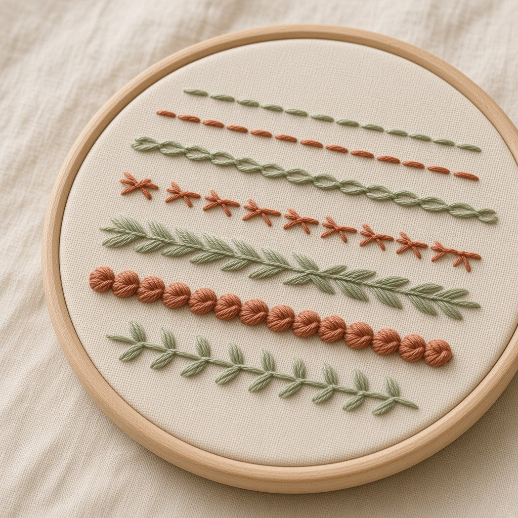 Learn 20 Stitches sampler hoop with rows of different stitches, angled