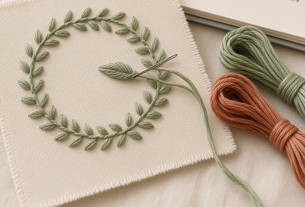 Learn 20 Stitches wreath pattern being stitched, thread and needle detail