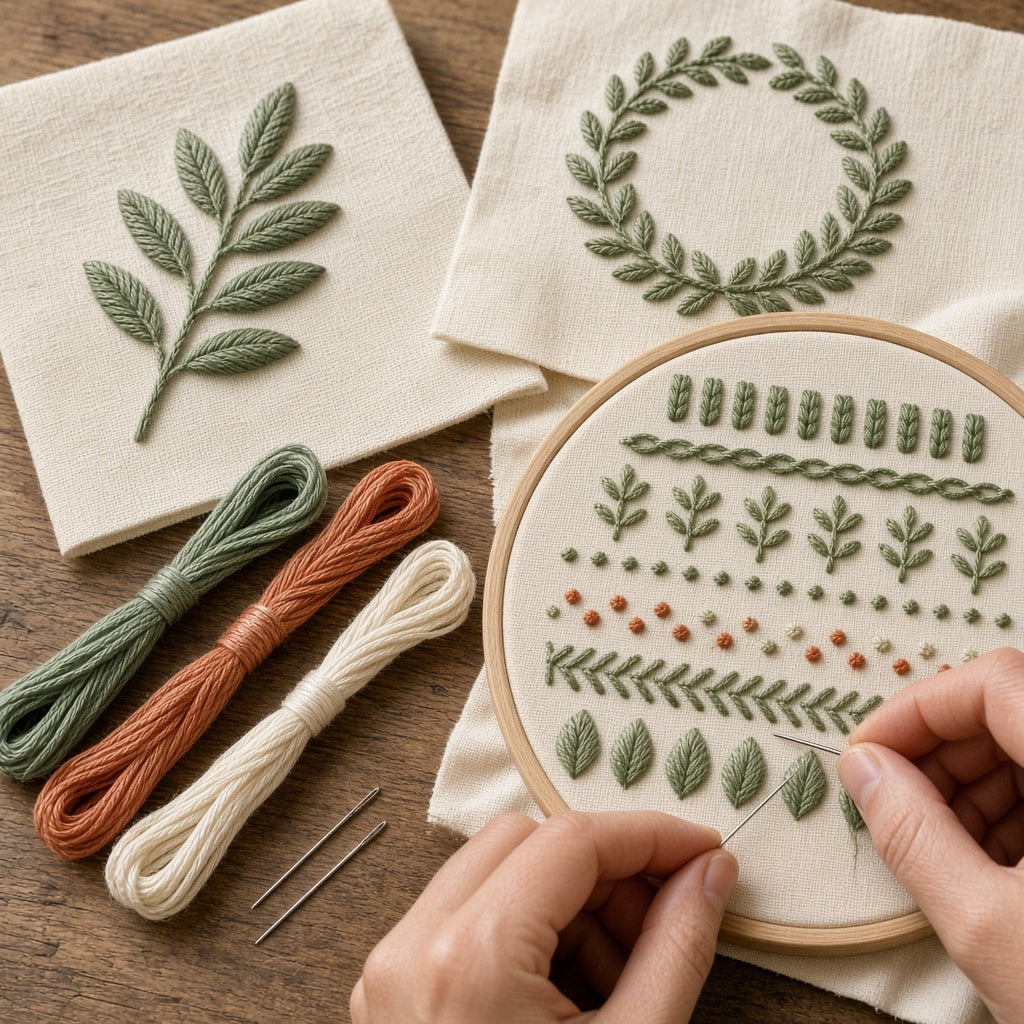 Three Learn 20 Stitches patterns: leaf sprig, leaf wreath and a stitch sampler being stitched in the hoop