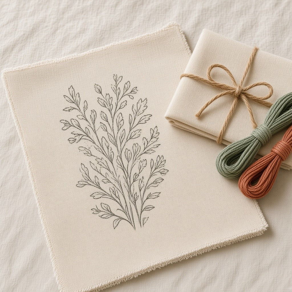 Pattern Refill pre-printed botanical fabric, angled. Hoop not included.