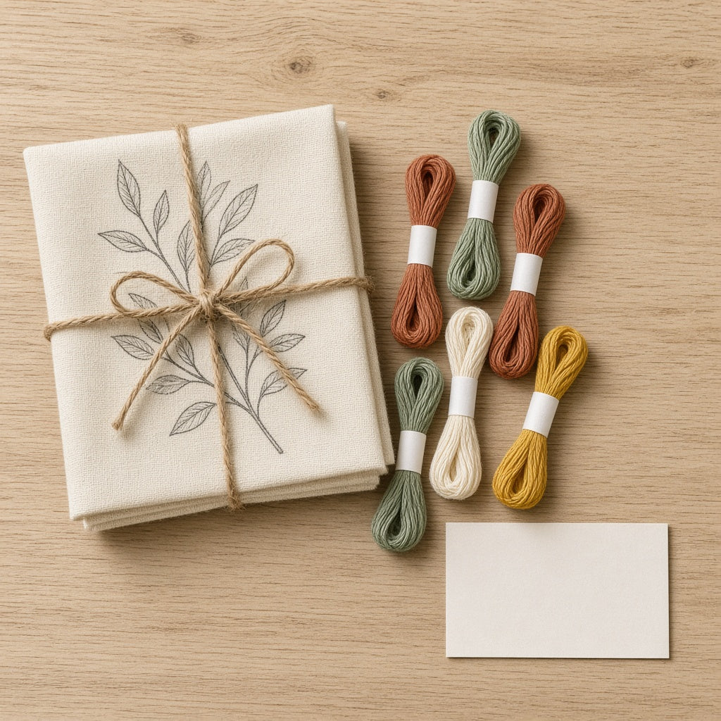 Pattern Refill: pre-printed botanical fabric tied with twine and six thread skeins (hoop not included)