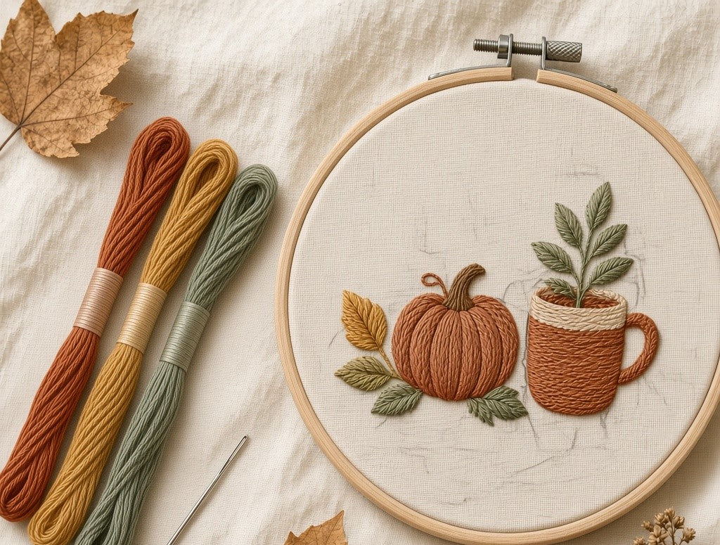 Seasonal Cozy kit flat lay with pumpkin-and-mug hoop and autumn thread