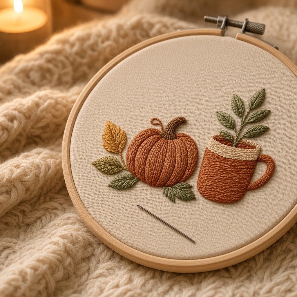 Seasonal Cozy pumpkin and mug design in the hoop, angled close-up