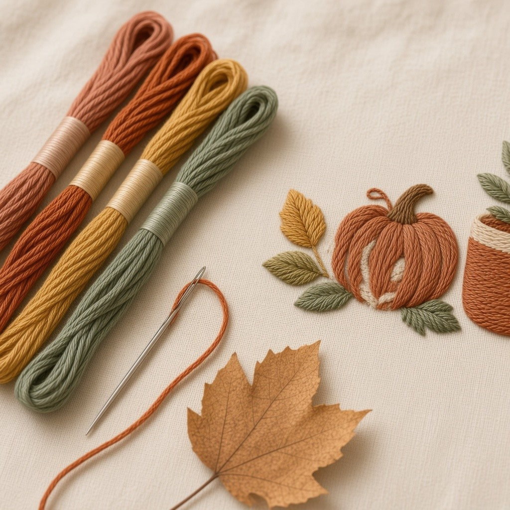 Seasonal Cozy thread colours and needle beside the pumpkin stitching
