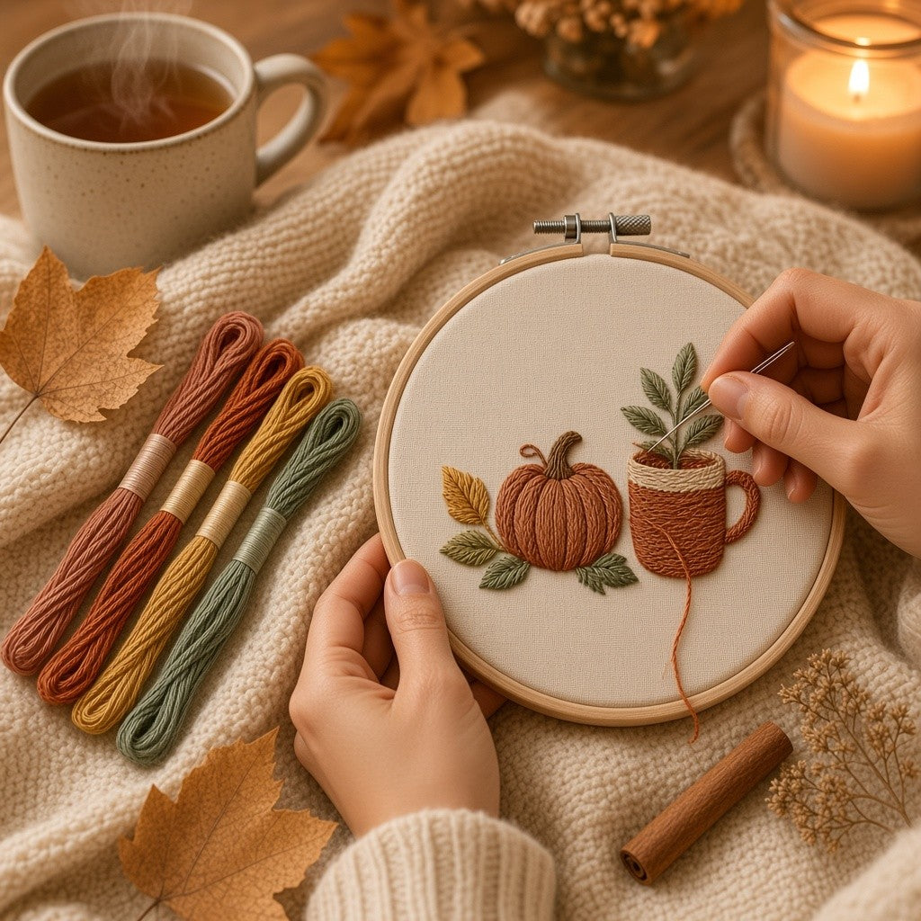 Stitching the Seasonal Cozy hoop on a cozy evening