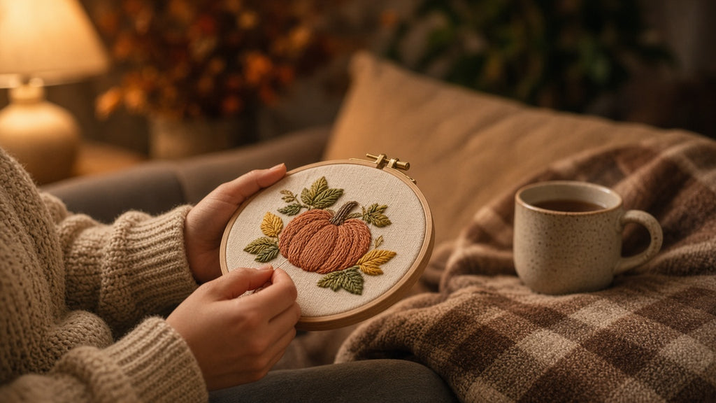 Stitching a seasonal embroidery hoop on a cozy evening